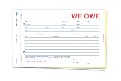 We Owe/You Owe Forms for Car Dealership - 3-Part/4-Part Carbonless Snap-Out Forms - Complete Documentation for Vehicle Deliveries - White, Canary, Pink