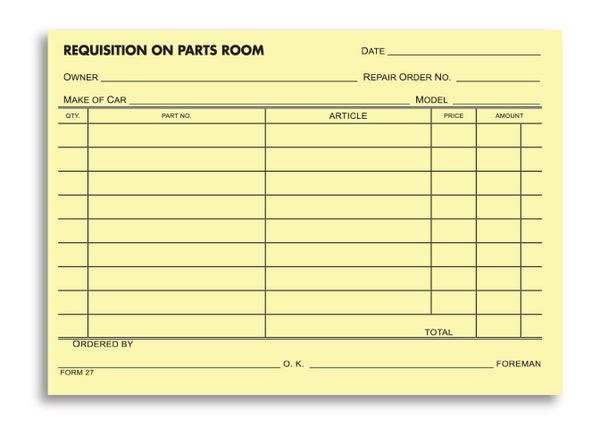 Parts Requisition Forms - 4-1/4" × 6" Size 1-Part Canary Padded Forms for Efficient Inventory Control and Departmental Issuance Management