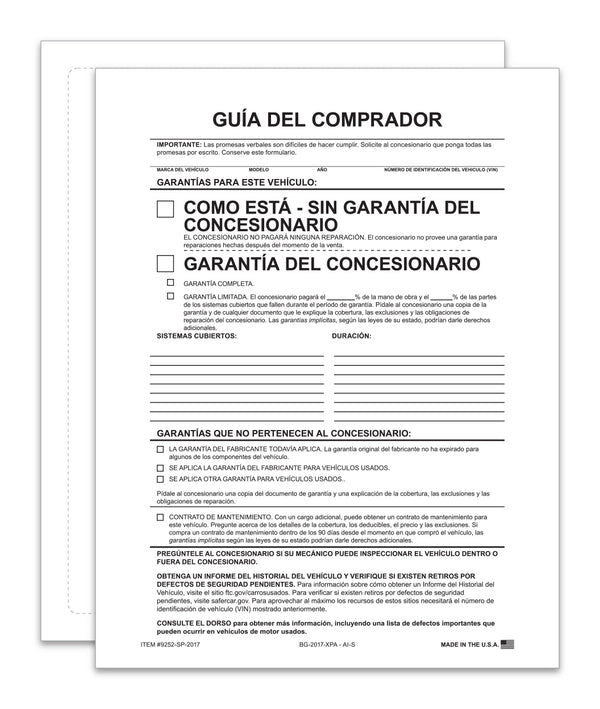 As-Is Spanish Exterior Buyers Guide for Car Dealerships - 8.5" x 11" 1-Part Weather-Resistant Forms with FTC Regulations - Laser Compatible and Permanent Self-Adhesive on 4 Sides