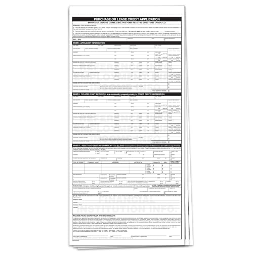 Universal Credit Application Form for Car Lot Dealers - 8-1/2" x 17-5/8" Size - 3-Part Snap-Out Carbonless Forms - Purchase or Lease Application