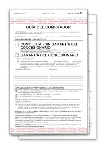 Spanish As Is Buyers Guide Forms for Car Dealerships – 2-Part Carbonless Snap-Out Vehicle Sale Forms – White/White – 7-1/3" × 11-3/4" Adhesive Window Display Ready