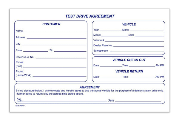 Test Drive Agreement Form for Automotive Dealerships and Rental Services - 8-1/2" x 5-1/2", 1-Part Padded at Left, 20# White Paper - Protect Against Damage or Theft (100 Forms/Pad)