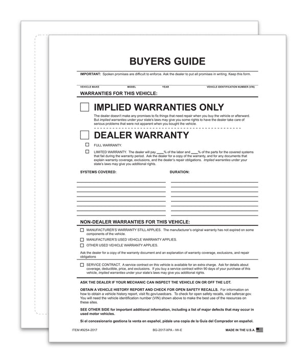 Implied Warranty Exterior Buyers Guide for Car Dealerships - 8.5" x 11" 1-Part Weather-Resistant Forms with FTC Regulations - Laser Compatible and Permanent Self-Adhesive on 4 Sides