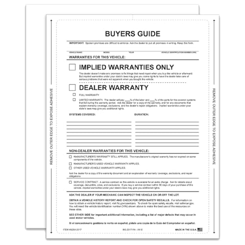 Implied Warranty Interior Buyers Guide for Car Dealerships - 8.5" x 11" 1-Part Fade-Resistant Forms with FTC Regulations - Laser Compatible and Permanent Self-Adhesive on 4 Sides