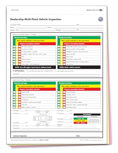 Multi-Point Inspection Form - Compatible with Volkswagen 3 Part Carbonless Vehicle Checklist - Manufacturer Specific Inspection Report - 8-1/2"×11" Snap-Out - White, Canary, Pink