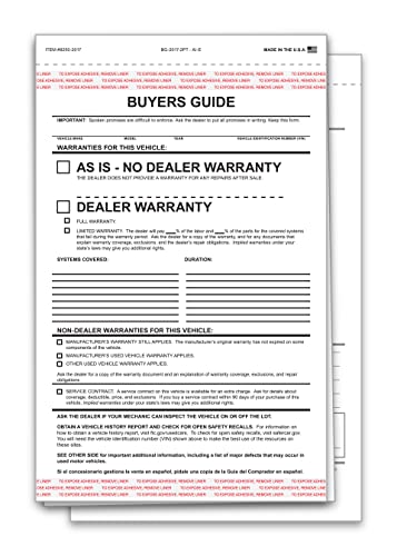 As Is Buyers Guide Forms for Car Dealerships – 2-Part/3-Part Carbonless Snap-Out Vehicle Sale Forms – White/White or White/Canary/White – 7-1/3" × 11-3/4" Adhesive Window Display Ready