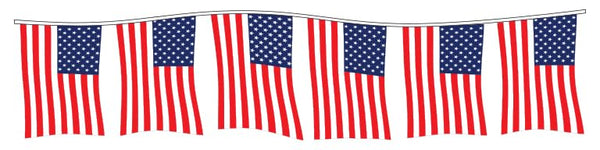 Patriotic American Flag Pennants for Car Dealerships - 60’ Long Outdoor Banner with 24 12" x 18" Flags - Durable 4 mil Polyethylene or Supreme Cloth Material - Easy Installation with Two 3' Ties