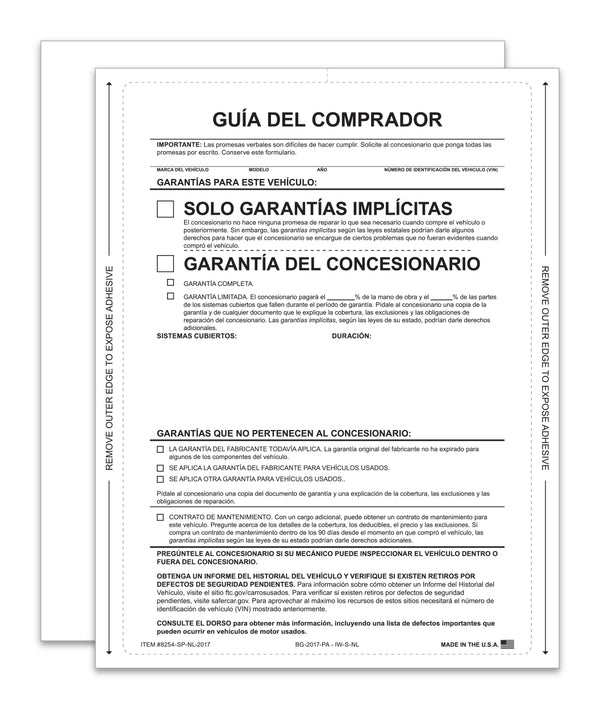 Implied Warranty Spanish - No Lines Interior Buyers Guide for Car Dealerships - 8.5" x 11" 1-Part Fade-Resistant Forms with FTC Regulations - Laser Compatible and Permanent Self-Adhesive on 4 Sides