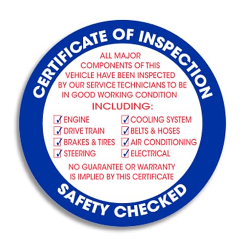 Professional Vehicle Inspection Sticker for Car Dealerships - 3" Circle Sticker with List of Major Vehicle Components, 3 mil Vinyl Material - Internal Window Installation