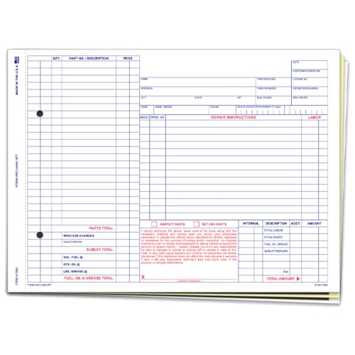 Repair Orders for Automotive Repair Shops, Garages, and Service Centers - 7-5/8" × 8-1/2" 3-Part Snap-Out Forms - Carbonless White, Canary, and Buff Tag