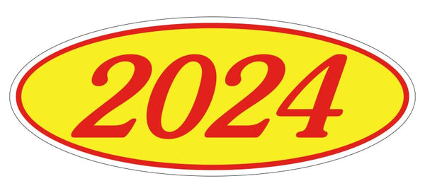 Oval Year Window Stickers - Red on Yellow Window Stickers - Durable, Weatherproof Vinyl with Easy On/Off Adhesive - Back Slit for Seamless Installation - 14" × 5-1/2