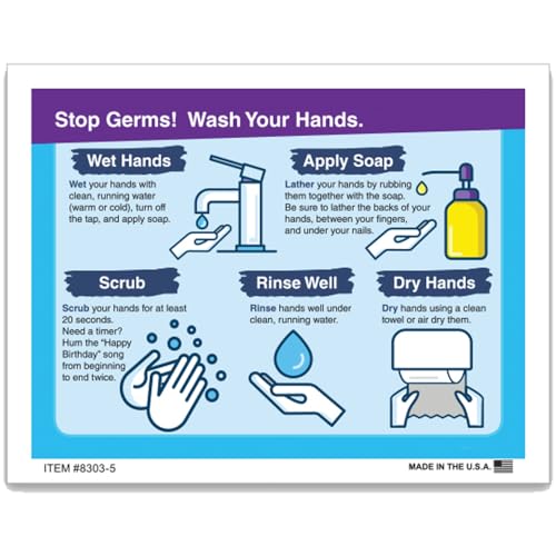 Wash Your Hands Sticker - 5.5" x 4.25" Durable Vinyl Stickers - Single-Part Self-Adhesive Hygiene Reminder for Bathroom, Kitchen, Workplace, Public Areas