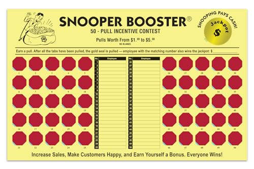 Incentive Cash Board - Snooper Booster 17" x 10-3/4" Yellow 10-Point Stock with Black Ink and 50 Red Pull Tabs - Motivational Employee Performance Tool