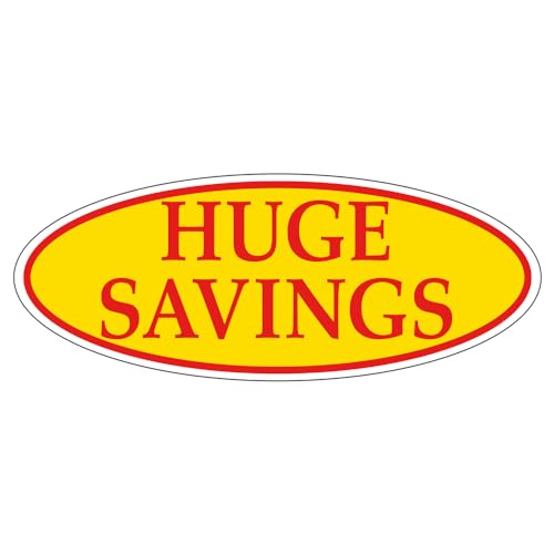 HUGE SAVINGS Red on Yellow Oval Window Sticker for Car Dealerships - 14" x 5-1/2" Size - Premium Weatherproof Vinyl for Long-Lasting Visibility