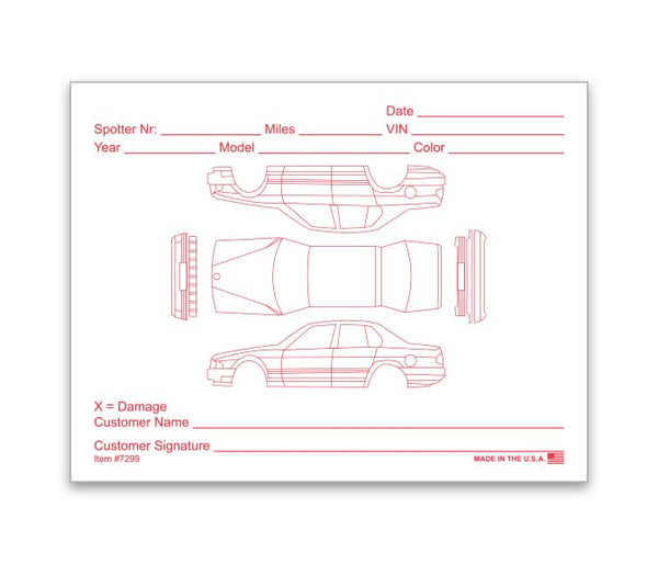 Red Alert Vehicle Damage Recording Form - 1 Part Carbonless Vehicle Checklist - 5-1/2"×4-1/4" Essential for Service Write-Ups - White