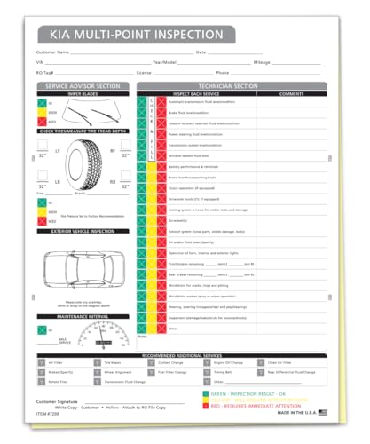 Multi-Point Inspection Form - Compatible with Kia 2 Part Carbonless Vehicle Checklist - Manufacturer Recommended Inspection Report - 8-1/2"×11" Edge Glued - White, Canary