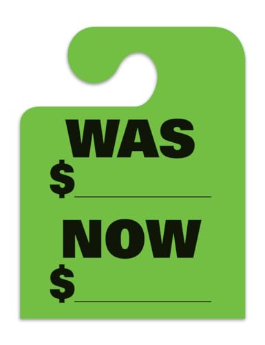 Jumbo "Was Now" J-Hook Style Mirror Hang Tags - Fluorescent Green Large Size (8-1/2" × 11") Car Dealer Tags for Auto Dealership Supplies - Durable 11-Point Stock Material