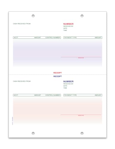 Laser Cash Receipt / Purchase Order for ERA* System - 8-1/2" × 11" 1-Part 20# White Laser Paper with Perforation at 5-1/2", Red and Blue Screens - Top & Bottom Holes Punched