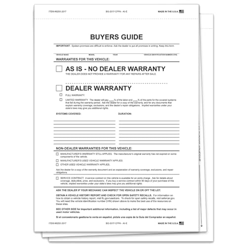 2-Part As-Is Combo Buyers Guide - 8.5" x 11.75" Size White Paper with Carbon Interleave & White Adhesive Stock - Legal Compliance for Car Dealerships