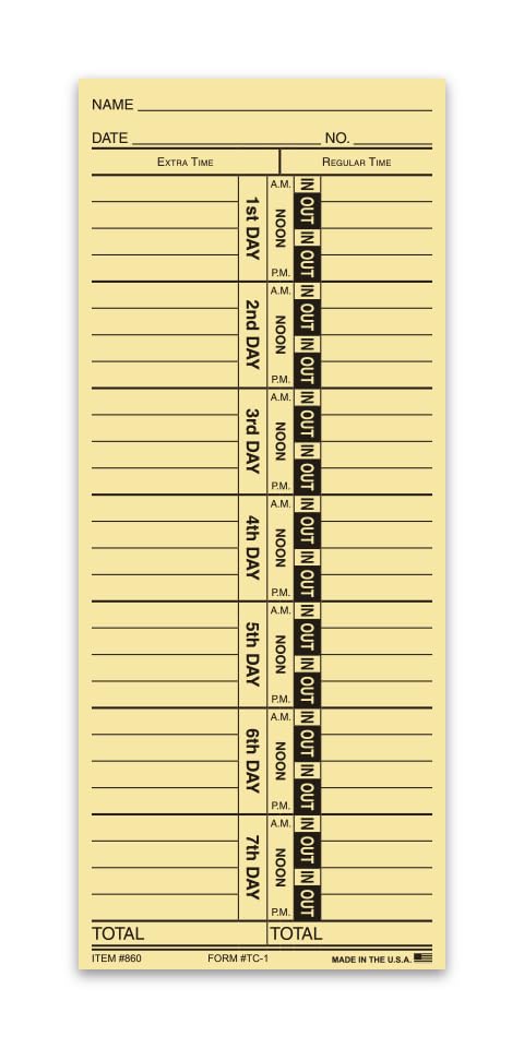 Time Clock Cards for Tracking Regular and Extra Time - Easy-Read Time Cards for Front-Loaders - Manual Style/Compatible with Computer Systems - 1-Part Heavy Duty Manila/Buff Card Stock