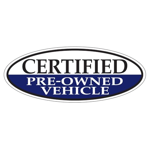 Certified Pre-Owned Vehicle Blue Oval Window Sticker for Car Dealerships - 14" x 5.5" - Premium Removable Vinyl, Durable and Weatherproof - Easy Installation with Slit Backing