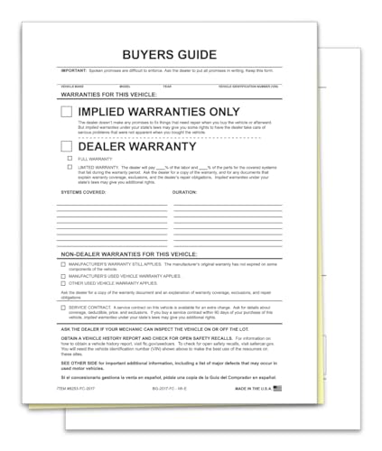 Implied Warranty File Copy Buyers Guide Forms for Car Dealerships – 2-Part Carbonless Vehicle Sale Forms – White/Canary – 8-1/2" × 11" – No Adhesive – Ideal for Filing & Document Holders