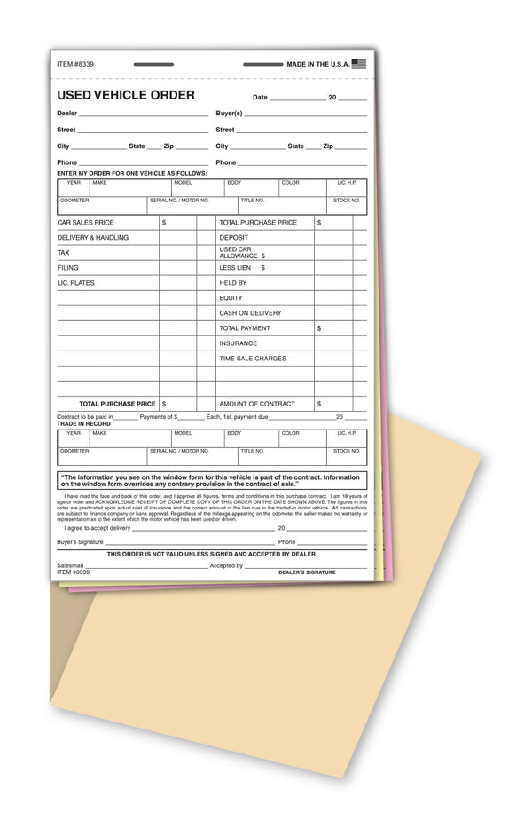 Used Vehicle Order Books - 5.5" x 9" Size, 3-Part Snap-Out Carbonless Forms with Heavy-Duty Wrap-Around Cover - Ideal for Worksheets and Final Sales Agreements - 50 Forms per Book