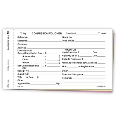 Commission Voucher Gross/Net Forms - 3-Part NCR Carbonless Sheets - White, Canary, Pink - Black Ink Print - 7.75" x 4.25"