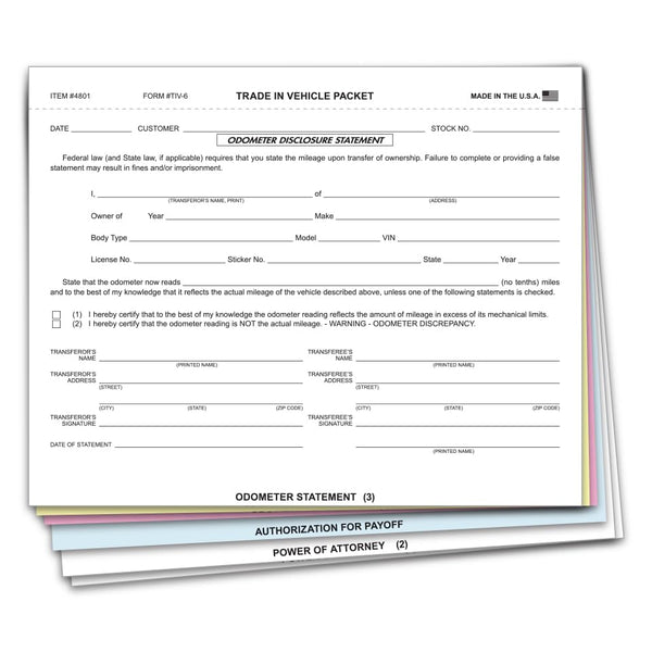 Trade In Vehicle Combination Form for Automotive Business - 6-Part Snap-Out Carbonless Copies - Including Multi-Part Odometer Statement - 8.5" x 7.25" Size